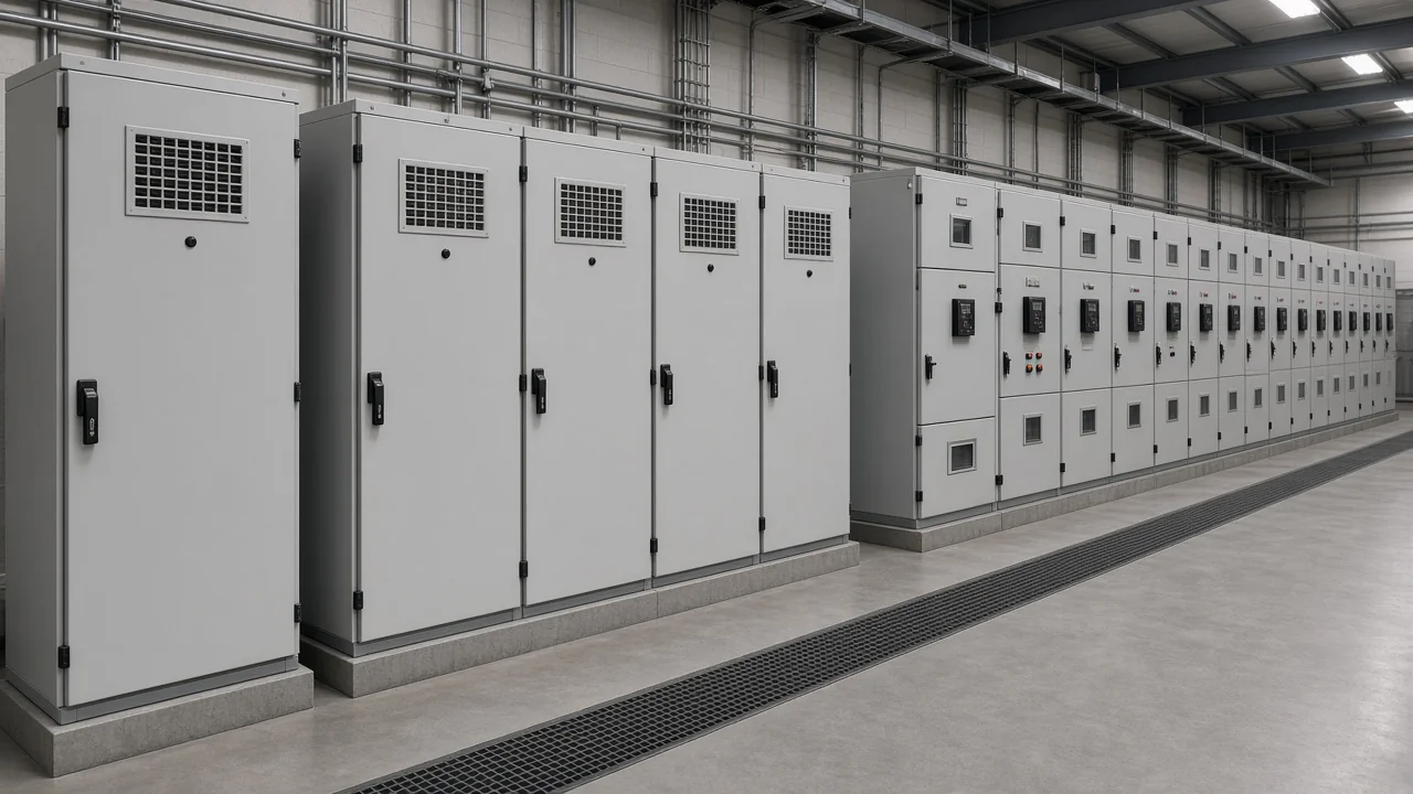 Capacitor bank cabinets installed beside switchgear in a power system