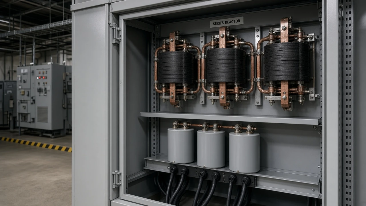 MV capacitor bank cabinet with reactor context for harmonic boundary awareness