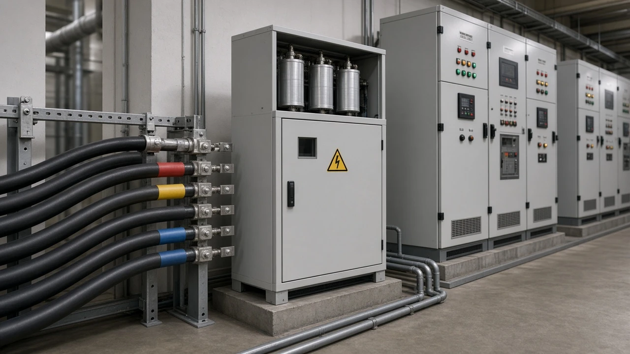 Shunt capacitor bank near motor control center illustrating leading kvar supply