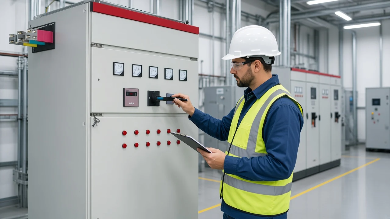 Engineer classifying power factor type on a plant meter beside LV compensation equipment