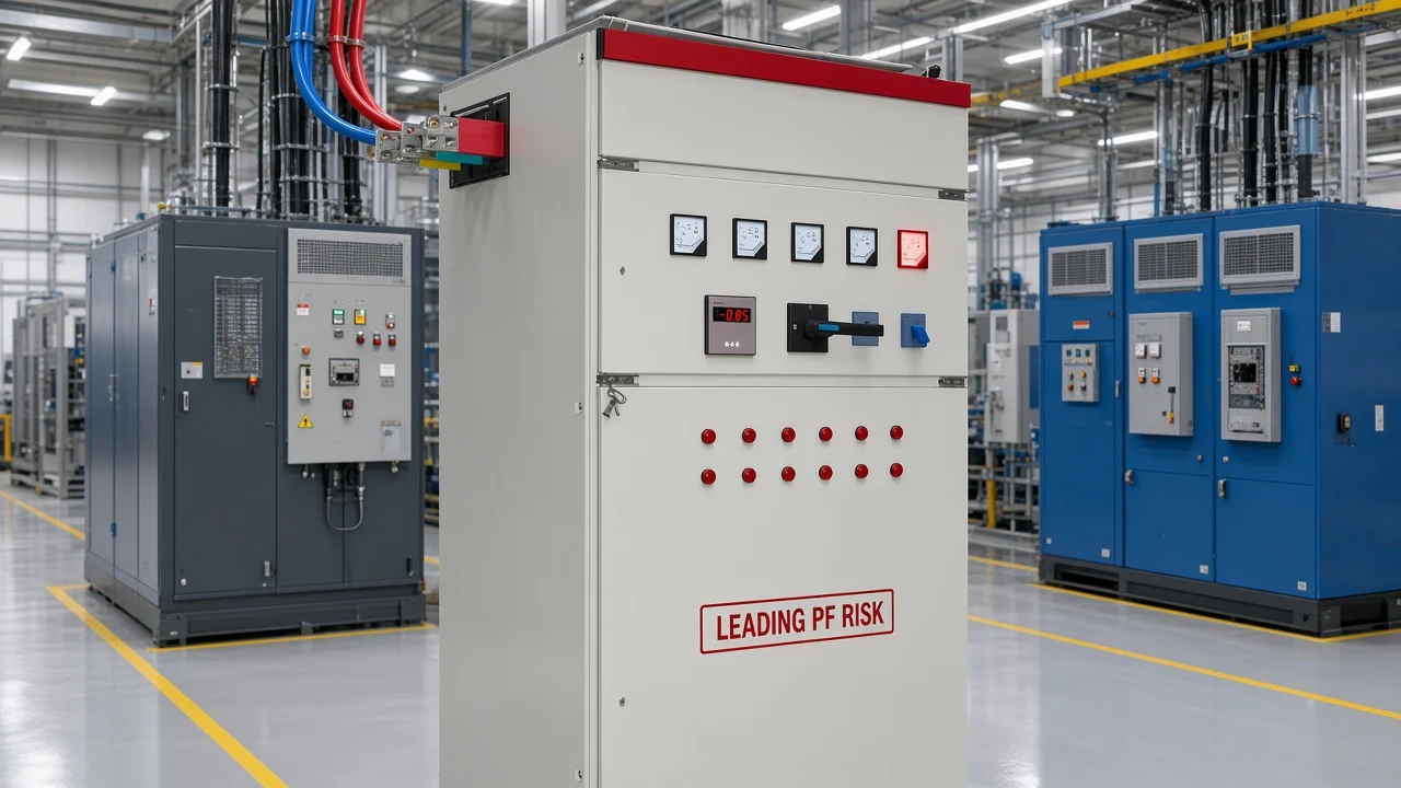 Capacitor bank cabinet context for leading power factor and over-correction risk