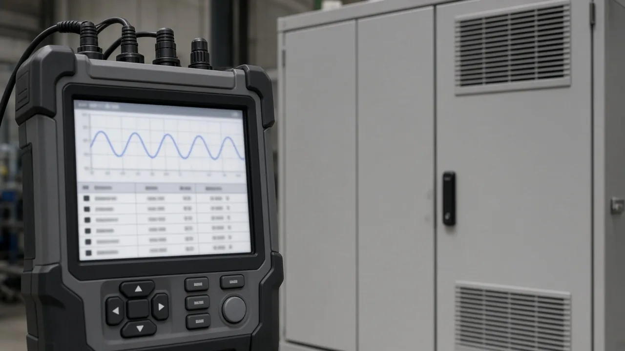 Power quality recorder display beside an unlabeled industrial filter cabinet