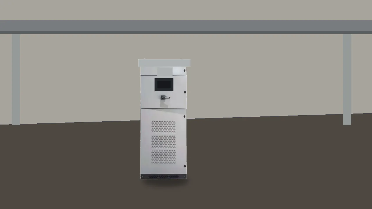 Unlabeled filter cabinet at the end of a plant electrical aisle