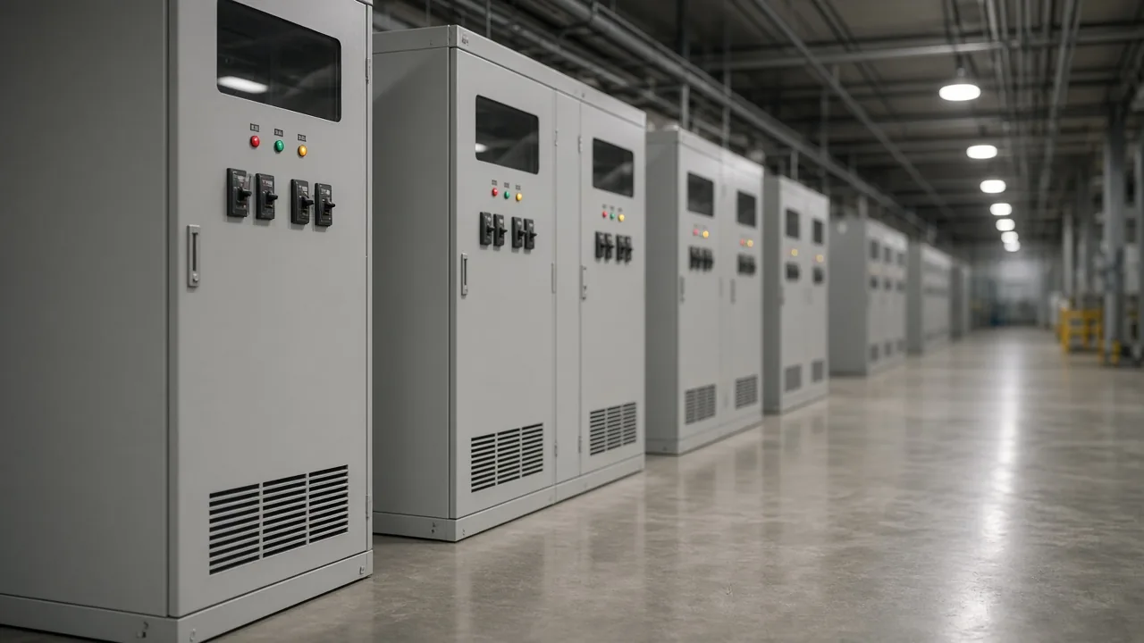 Filter cabinets set back along a plant electrical aisle