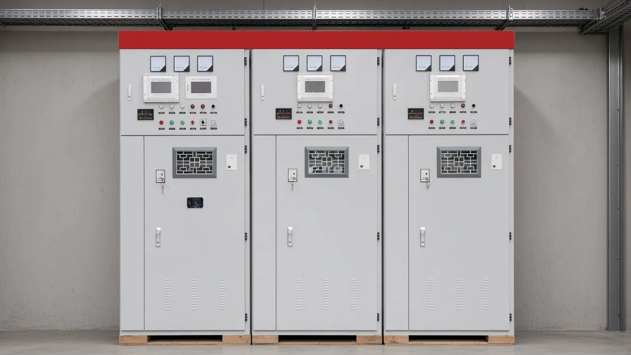 Closer view of the three-bay cabinet under a cable tray