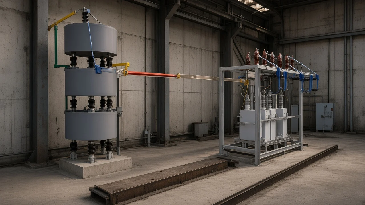 Indoor reactor stack tied by a bus to a capacitor rack in a switchroom