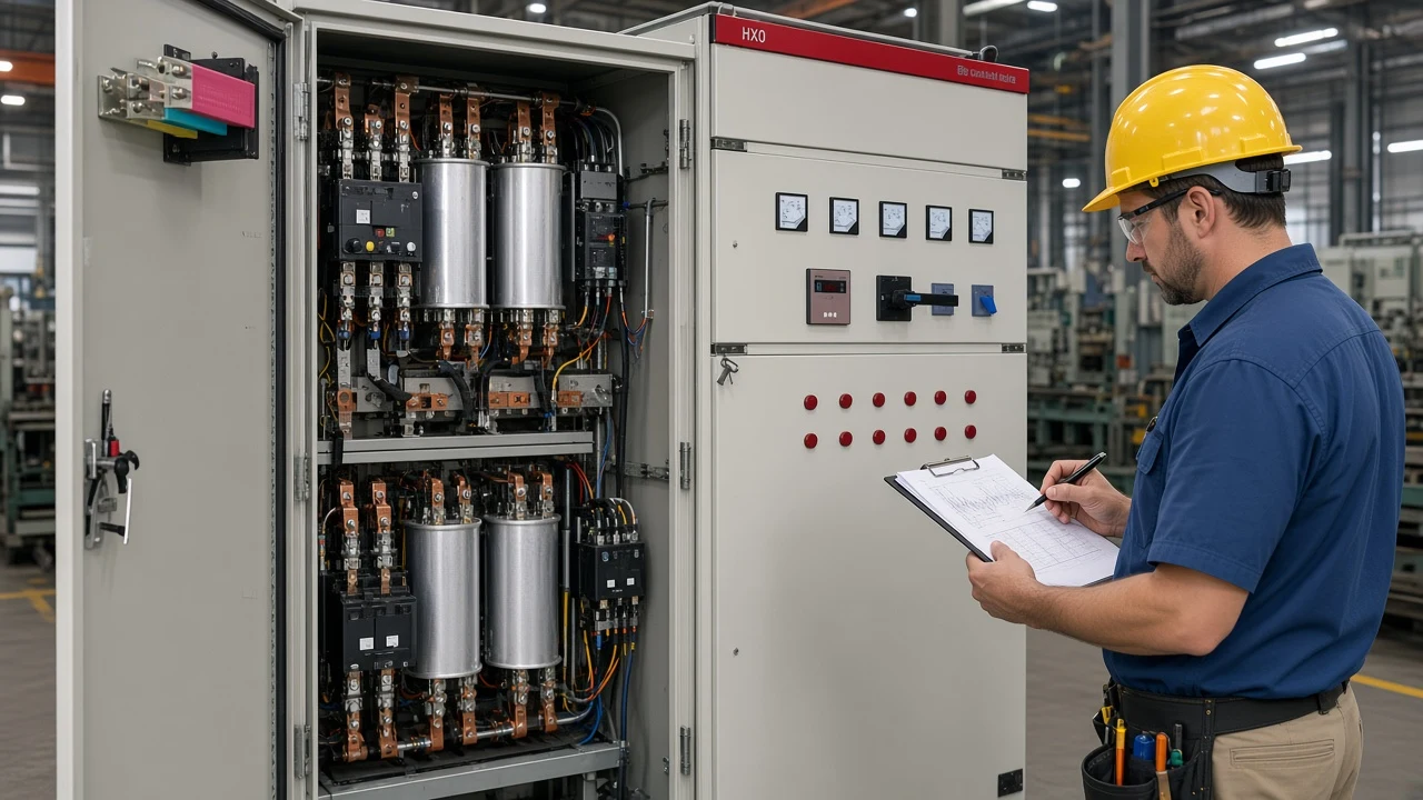 Engineer reviewing kvar sizing beside a low-voltage capacitor bank cabinet