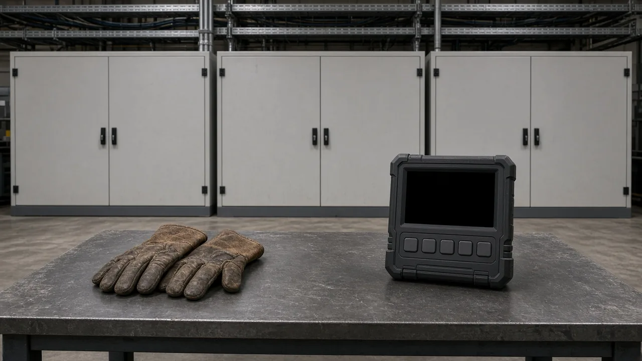 Industrial switchroom scene for verifying residual voltage on a capacitor bank before contact