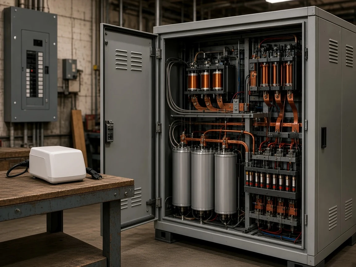 Residential power-saver box beside a packaged low-voltage compensation module