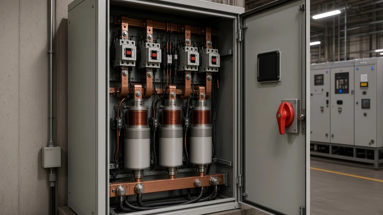 Enclosed low-voltage compensation cabinet with isolation hardware in a plant electrical room