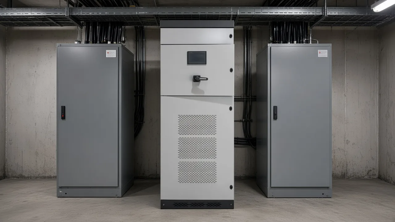 Shunt power cabinet among drive enclosures in a concrete electrical room
