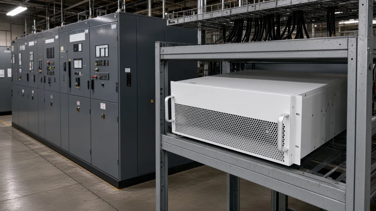 Rack-mounted static var chassis in an open frame beside neighboring switchgear