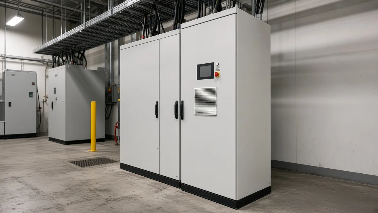HYDVR-style cabinet on a concrete floor with cable tray and neighboring gear