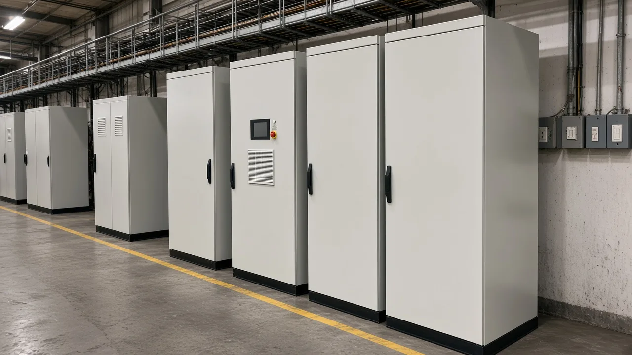 Series power cabinet in a feeder lineup under a cable tray