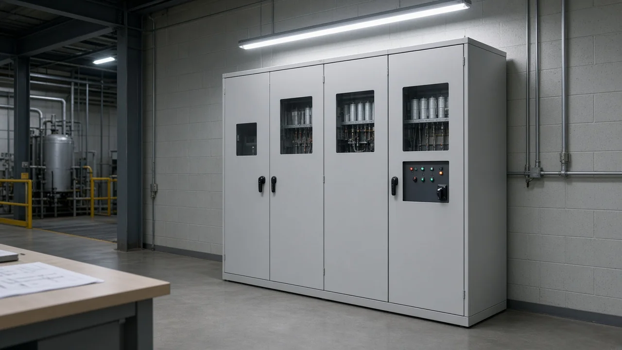 Reactive power compensation cabinet standing in a plant electrical room as the hardware for power-factor billing decisions