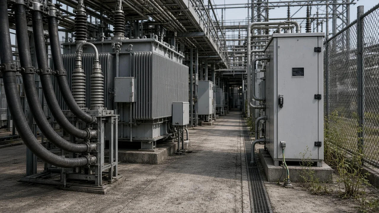 Capacitor bank cabinet near feeder cables and a distribution transformer enclosure in a plant corridor