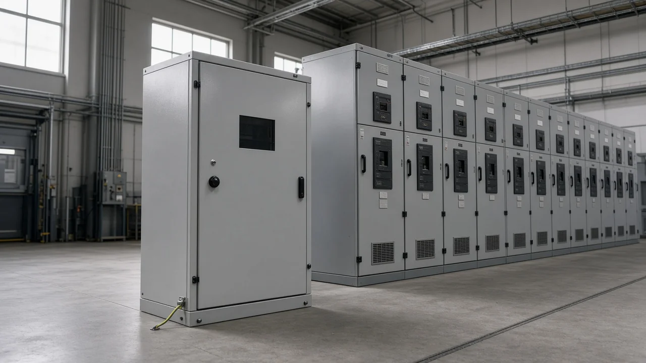 Capacitor bank cabinet grounded near a motor control lineup in an industrial electrical room