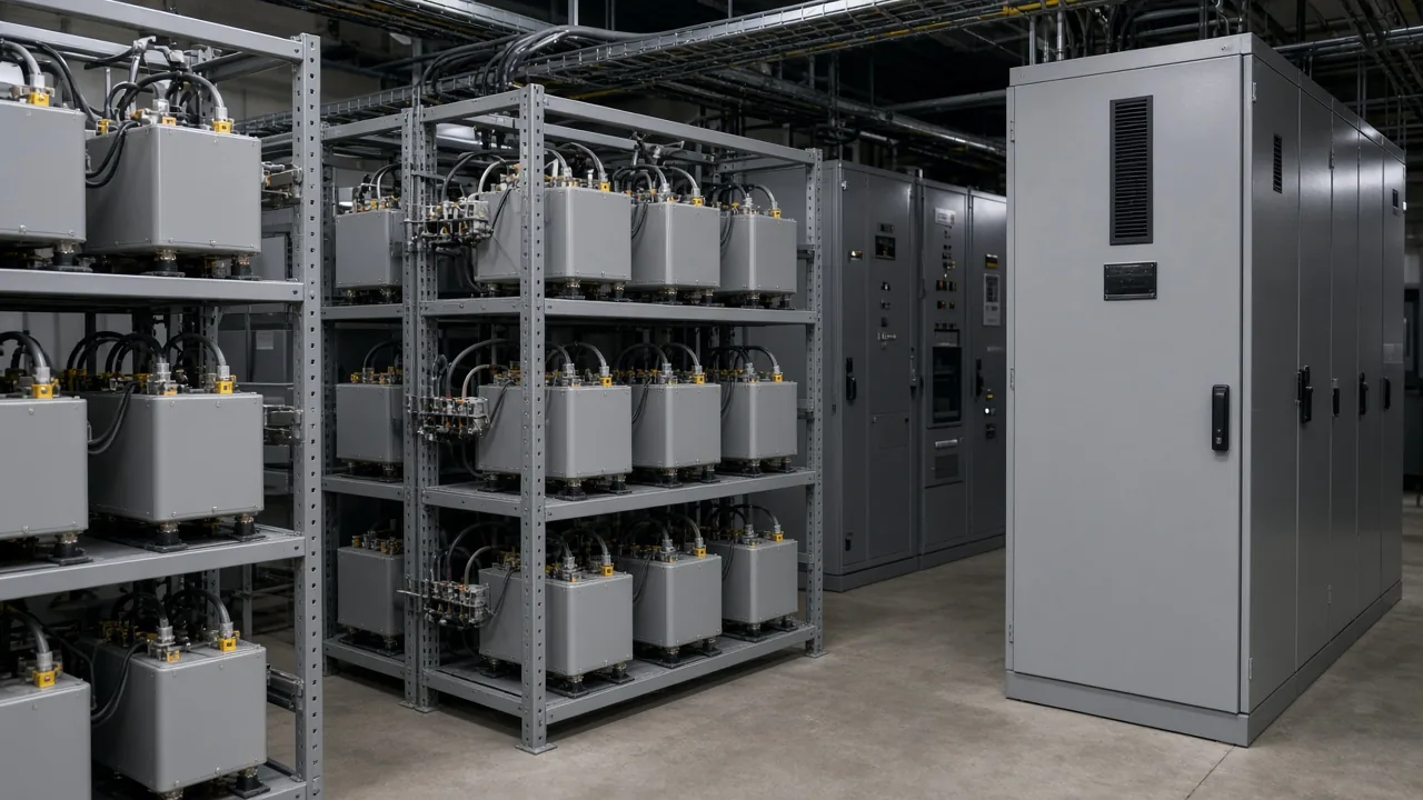Series groups of capacitor units racked beside an enclosed compensation cabinet in a switchroom