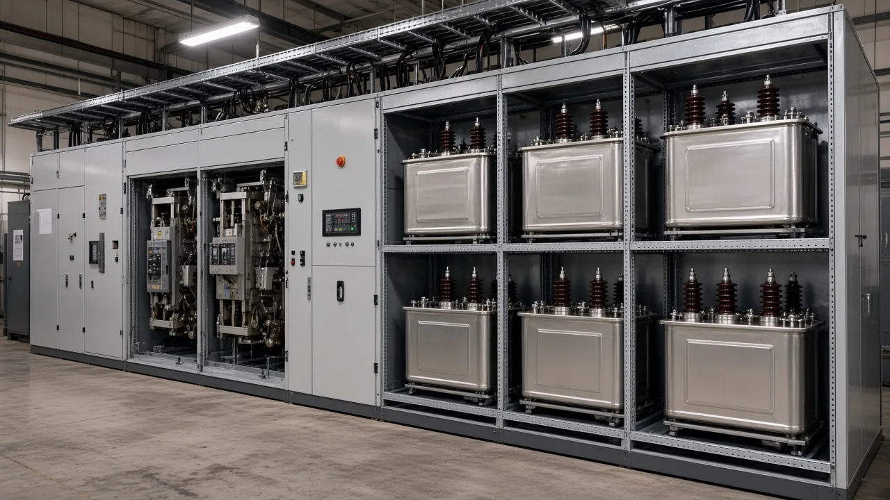 Breaker bay beside open capacitor sections in an industrial lineup