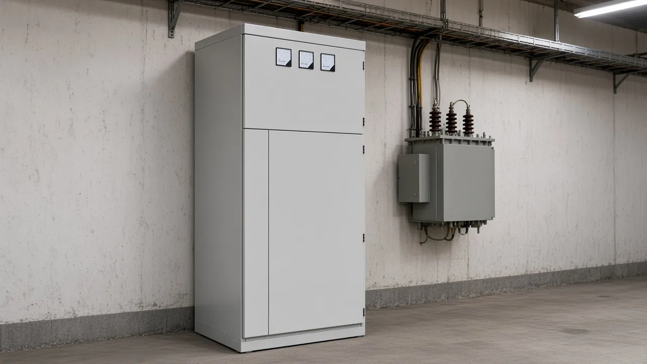 Capacitor cabinet beside a protection panel in a concrete switchroom