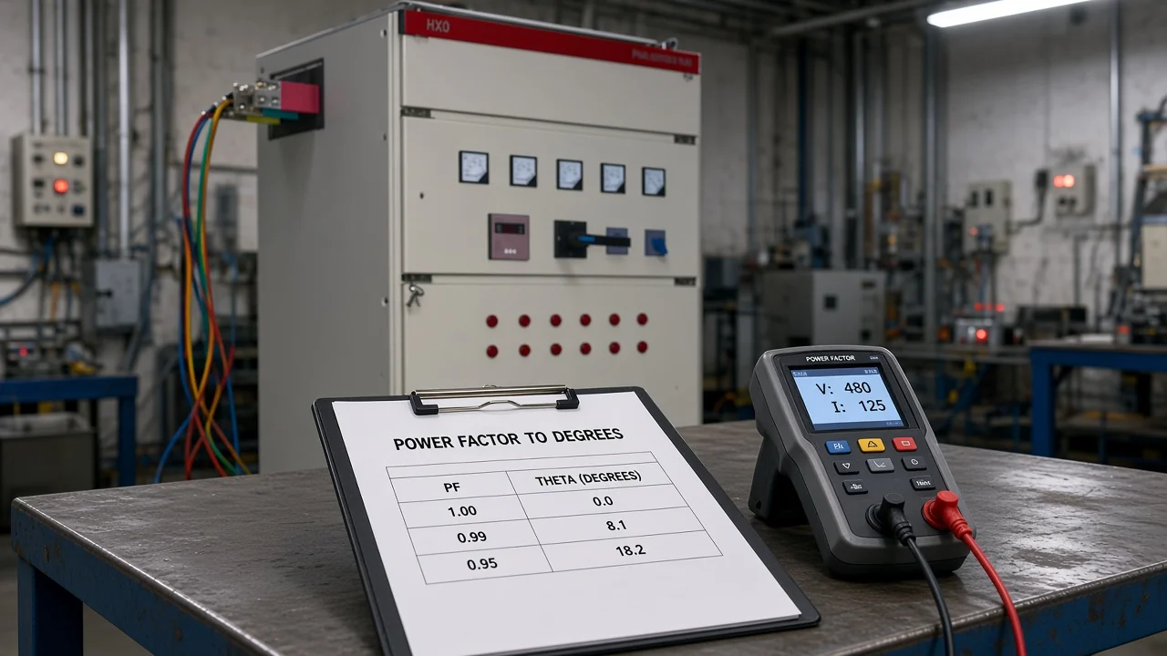 Clipboard lookup sheet for power factor to degrees beside a power analyzer