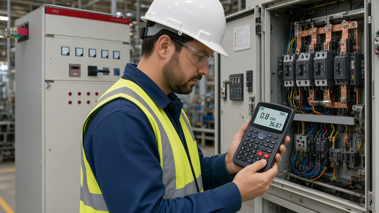 Engineer using a calculator in degrees mode to convert power factor to phase angle at an LV panel