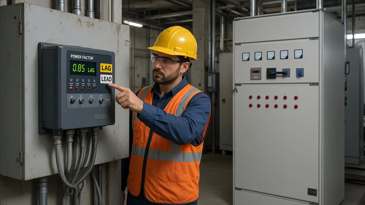 Power meter LAG and LEAD indicators beside an LV capacitor compensation cabinet