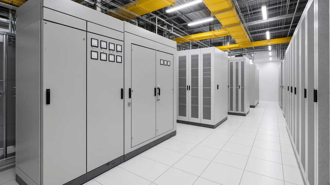 Floor-standing power-quality correction cabinets on a data-center low-voltage bus section