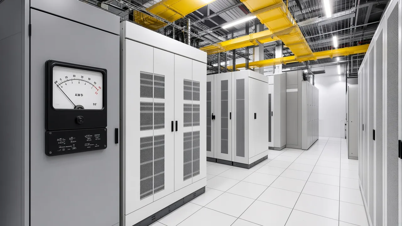 Physical analog meter on a cabinet in a data-center switchgear aisle with gray power-quality cabinets