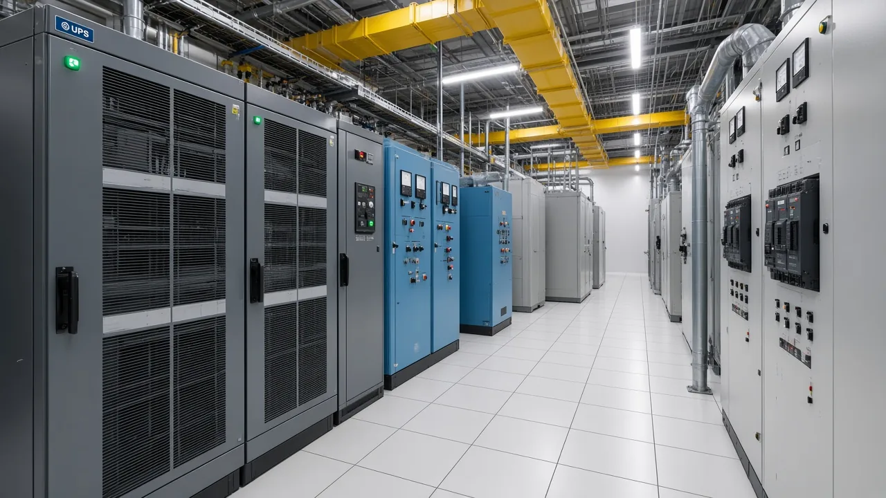 UPS rectifier and cooling-drive cabinets sharing a data-center electrical room with power-quality hardware
