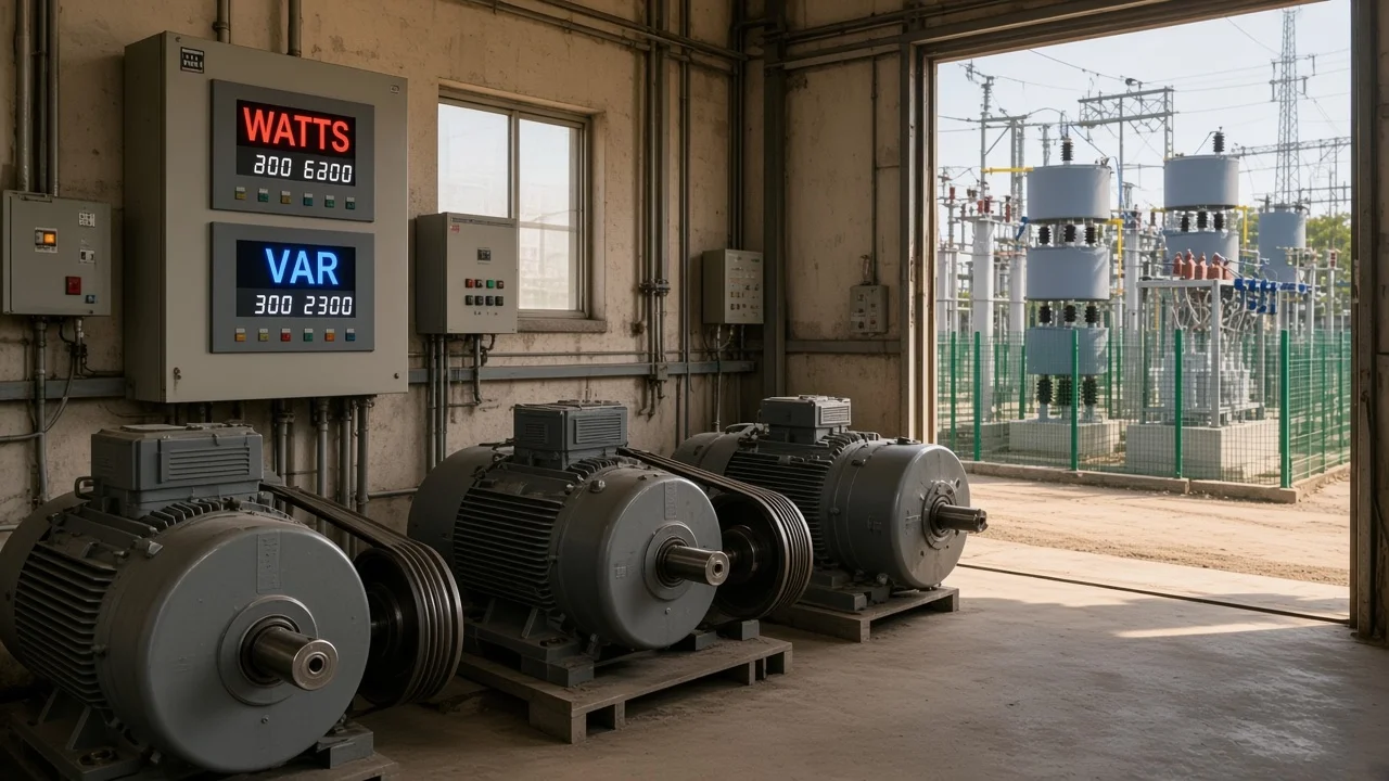 Plant motors and outdoor high-voltage capacitor frame contrasting active watts and reactive vars