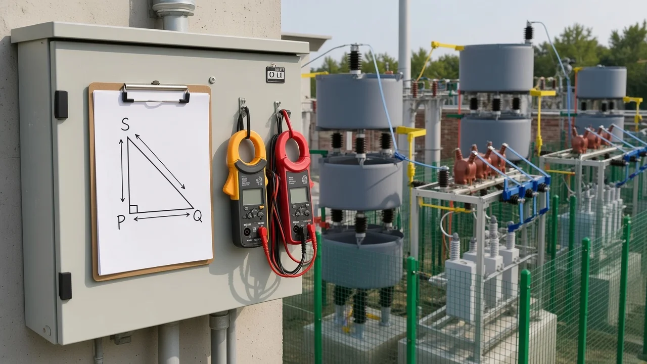 Power triangle clipboard and meters beside outdoor HV capacitor frame