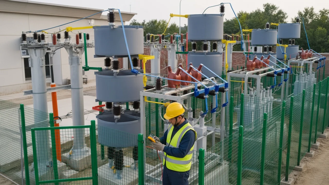 Outdoor HV capacitor racks supporting industrial feeder voltage and loading