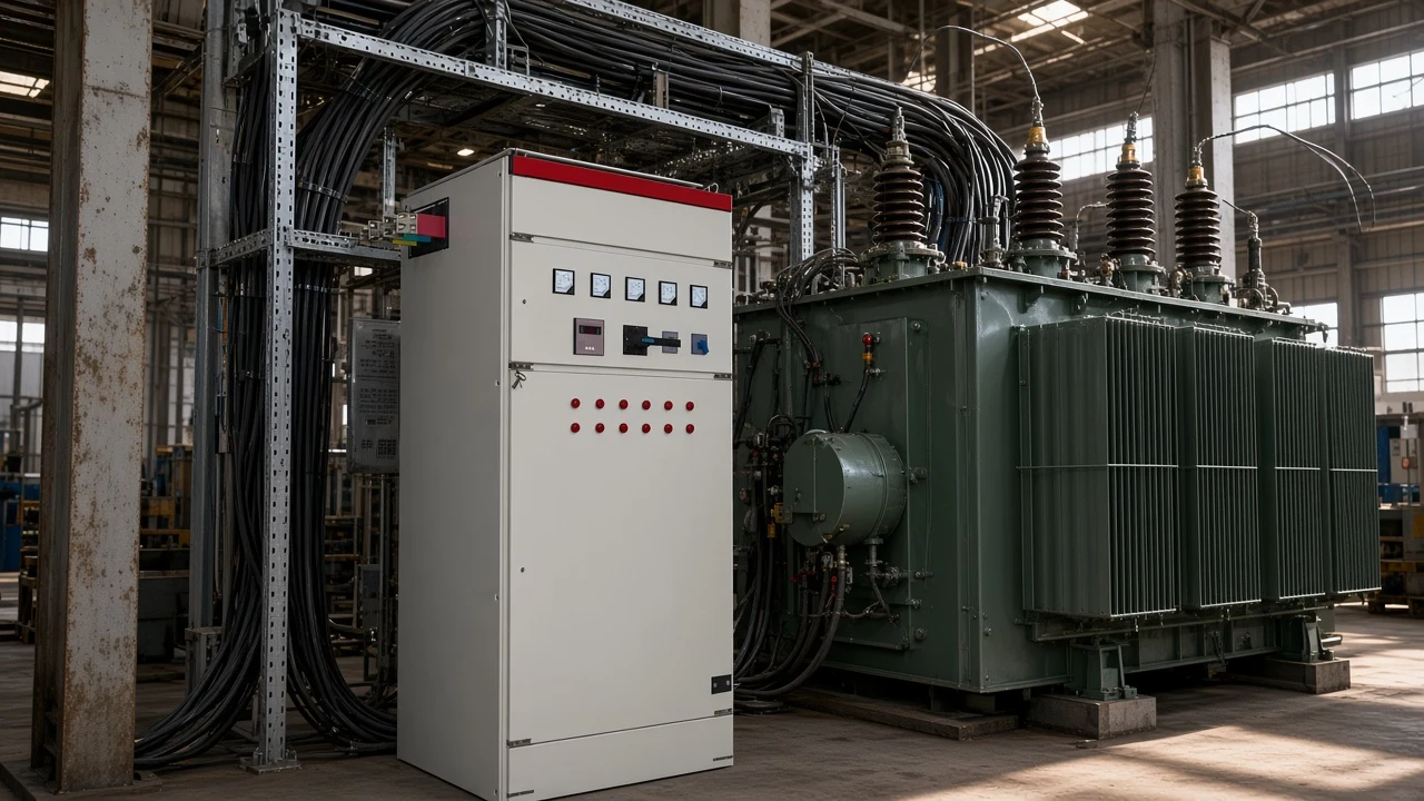 Plant feeder and transformer context showing why low power factor raises current and capacity demand