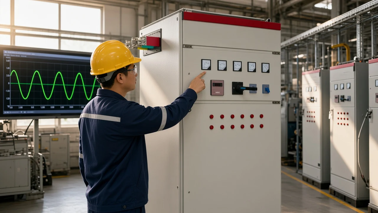 Plant meter and LV compensation cabinet illustrating cos phi power factor for sinusoidal AC