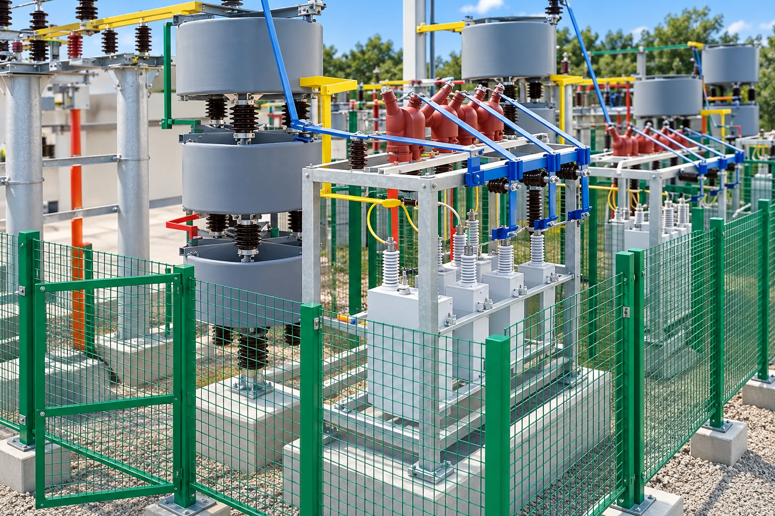 Illustrative capacitor can racks and supporting structures based on the CHYN product photograph