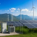 Unlabeled power-quality cabinets at a solar and wind plant interconnection pad