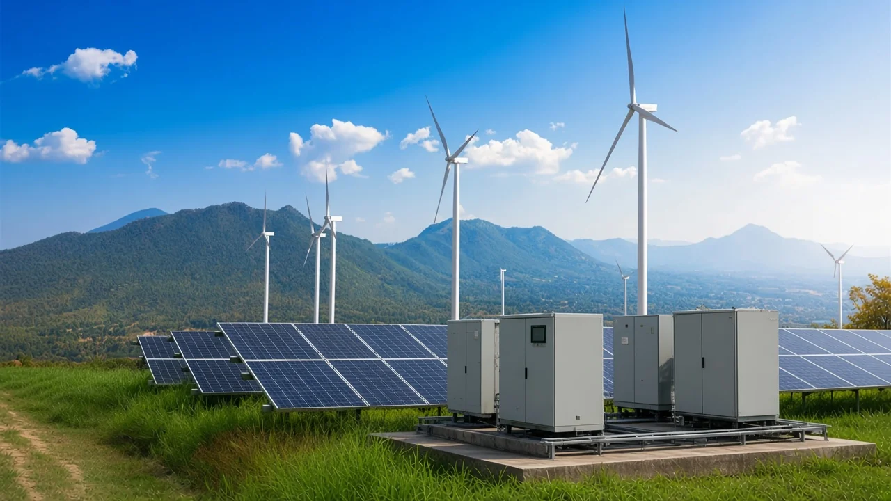 Filter cabinets on a pad beside photovoltaic rows at a wind-backed plant