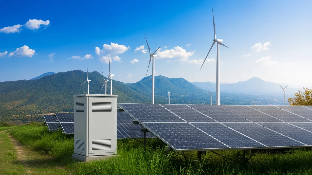 Outdoor reactive-power cabinet at the edge of a photovoltaic array
