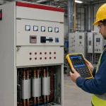 Engineer checking meter readings to calculate power factor beside a low-voltage reactive power compensation cabinet