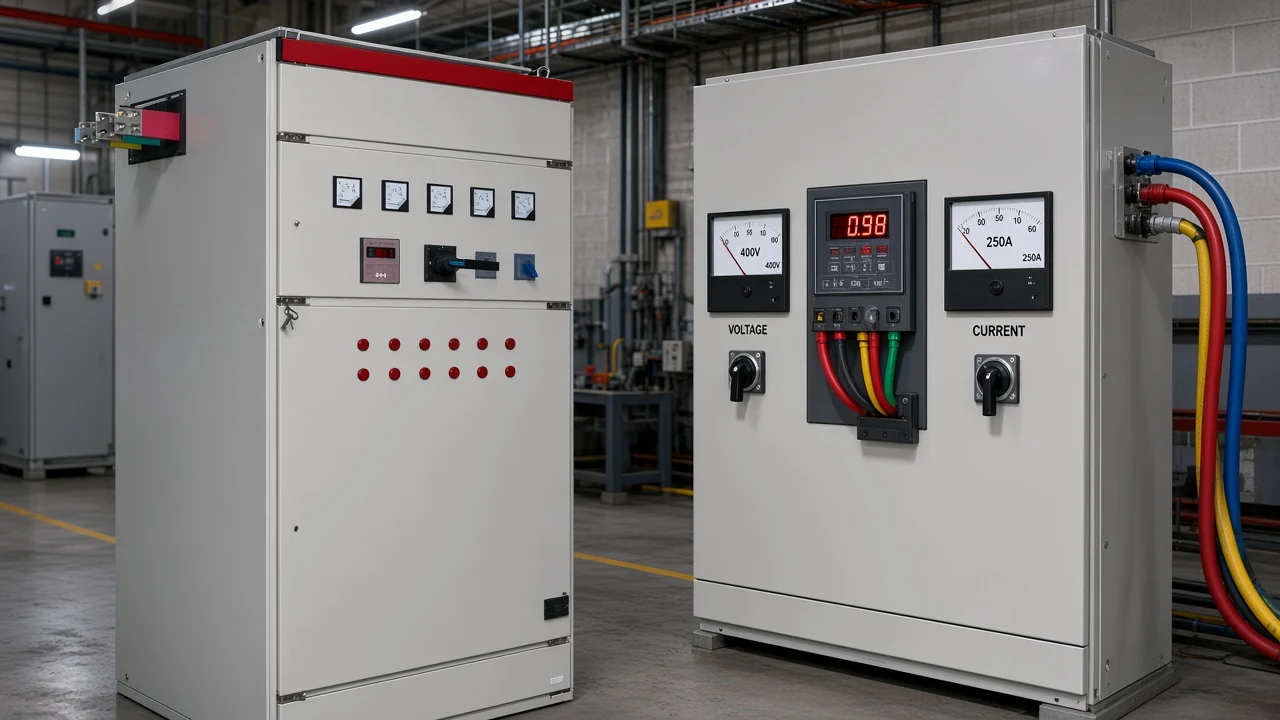 Three-phase distribution board context for calculating power factor with line voltage and current