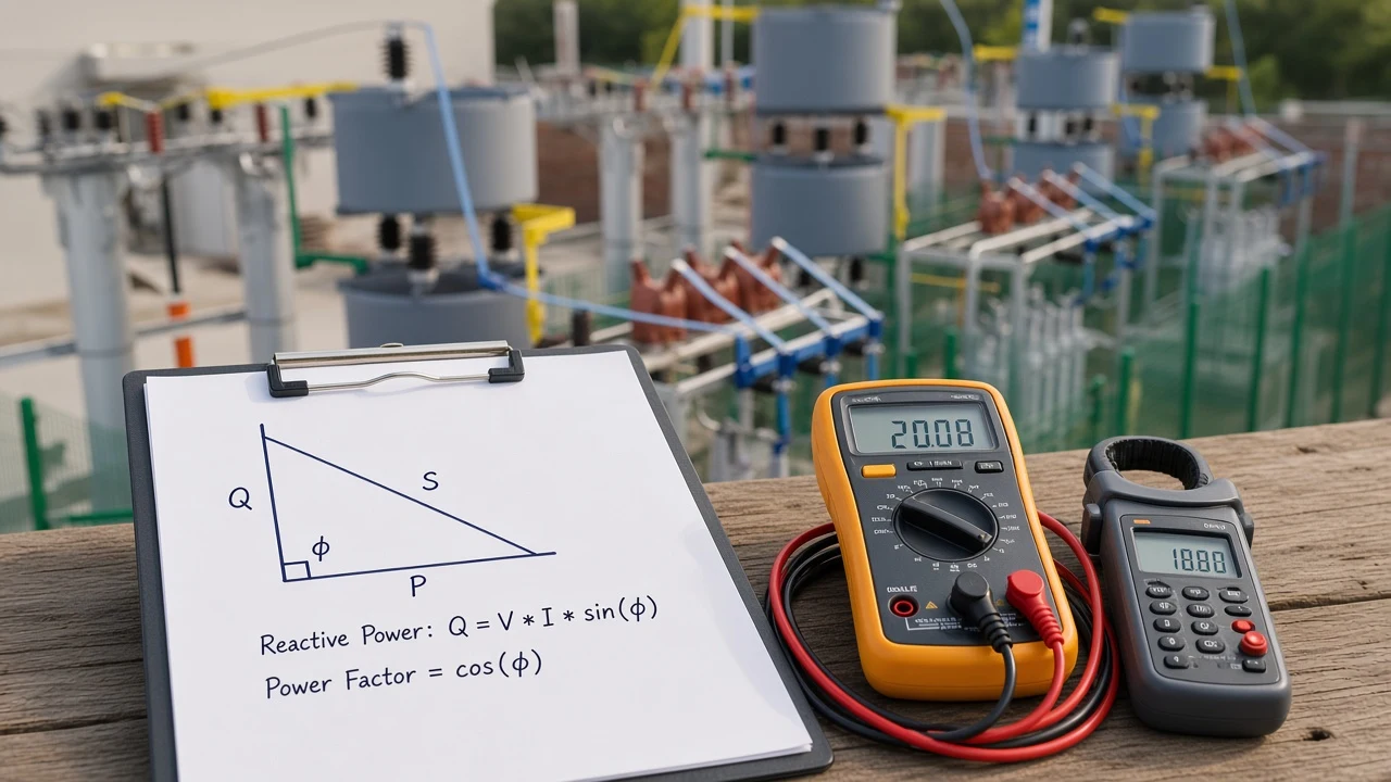 Power triangle clipboard and meters for calculating reactive power from power factor beside HV capacitor frame