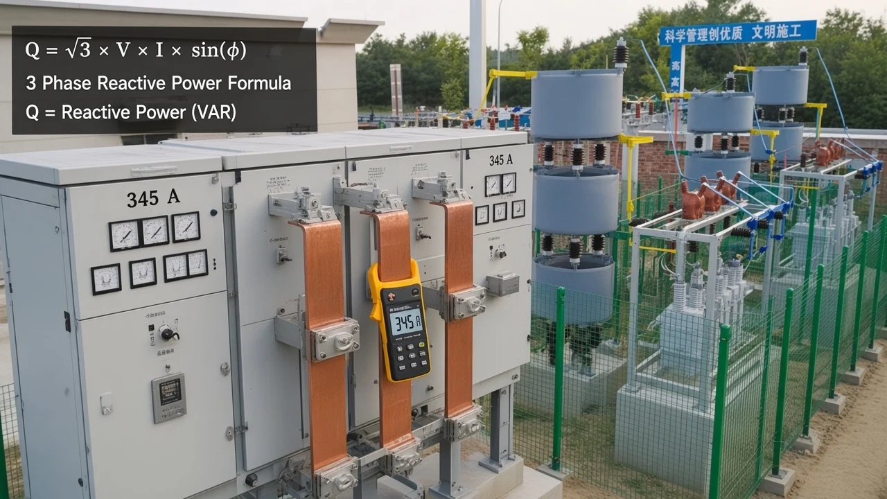 Three-phase switchgear and clamp meter context for calculating reactive power in 3 phase