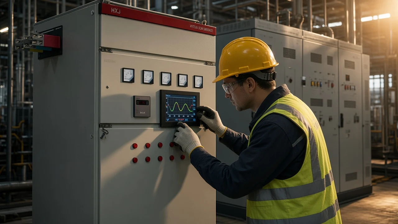 Engineer checking a plant meter to tell if power factor is leading or lagging beside an LV compensation cabinet