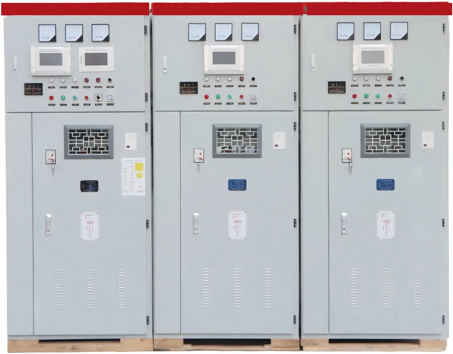 HYTBB capacitor cabinets photographed as a product lineup, nameplate bands covered