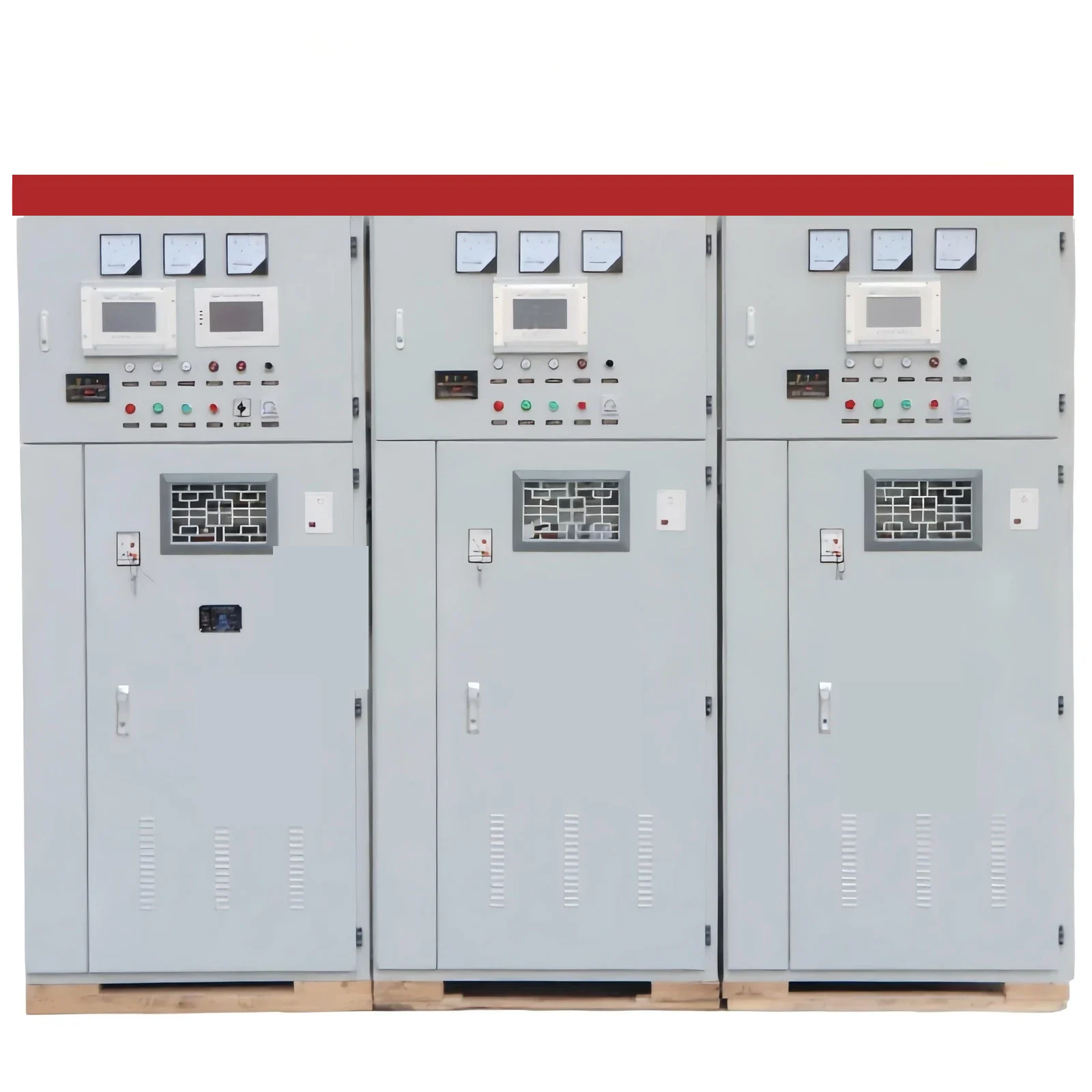 Gray three-bay compensation cabinet with the nameplate covered