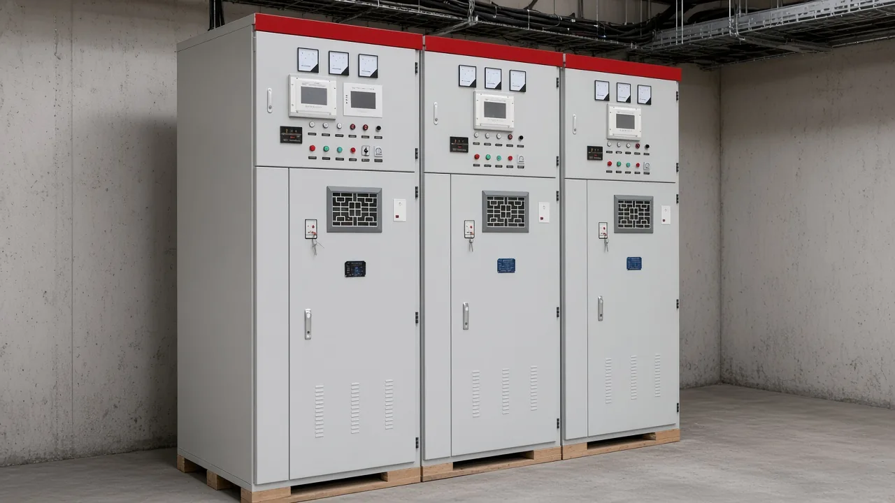 Three-quarter view of capacitor cabinets in a concrete switchroom