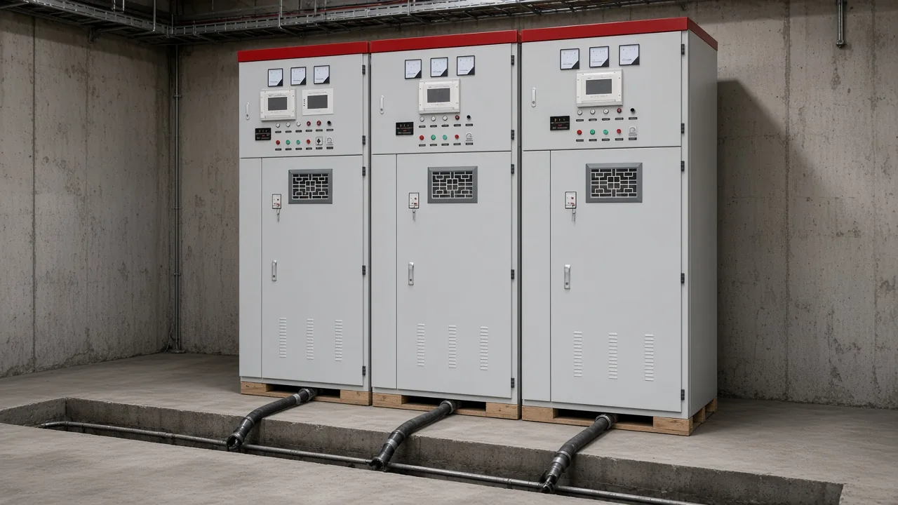 Capacitor cabinets with cables rising from a floor trench in a switchroom