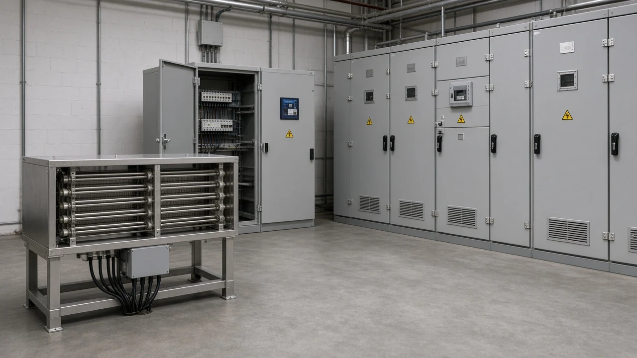 Industrial scene showing ideal unity power factor context with LV static compensation equipment