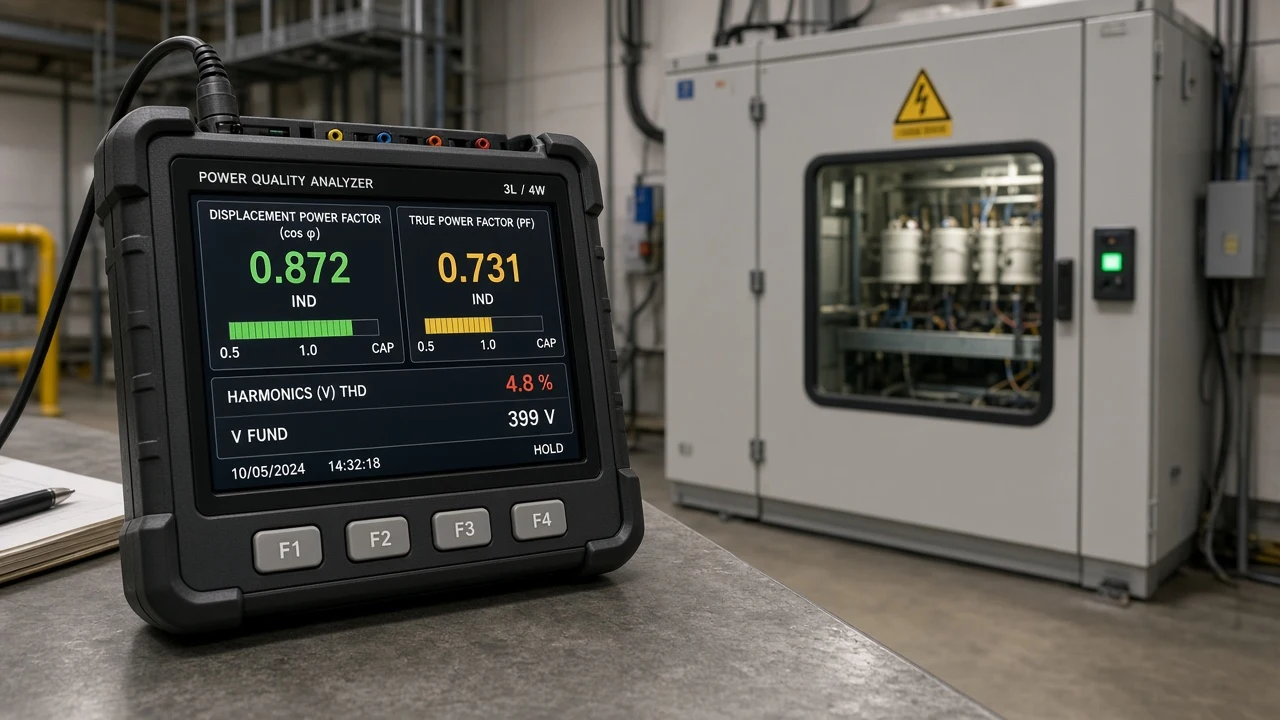 Power quality meter context for displacement versus true power factor under harmonics